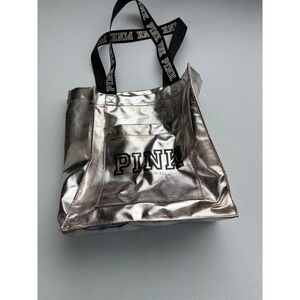 PINK Victoria's Secret Silver Metallic Tote Bag with Black‎ Straps
